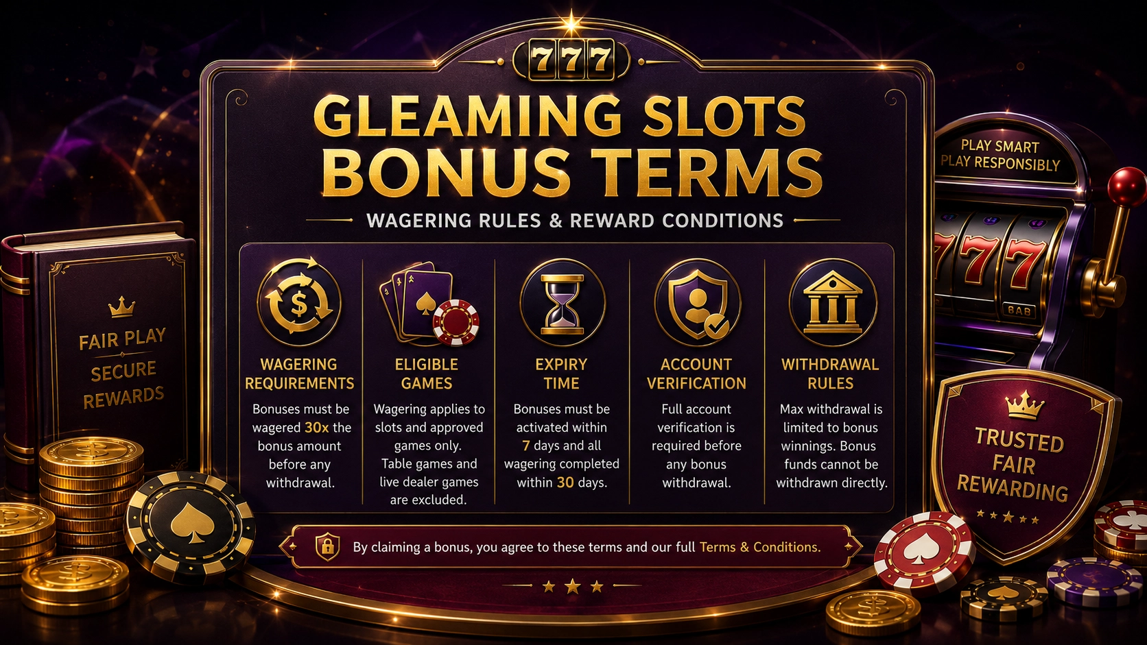 Gleaming Slots bonus terms, wagering rules and reward conditions