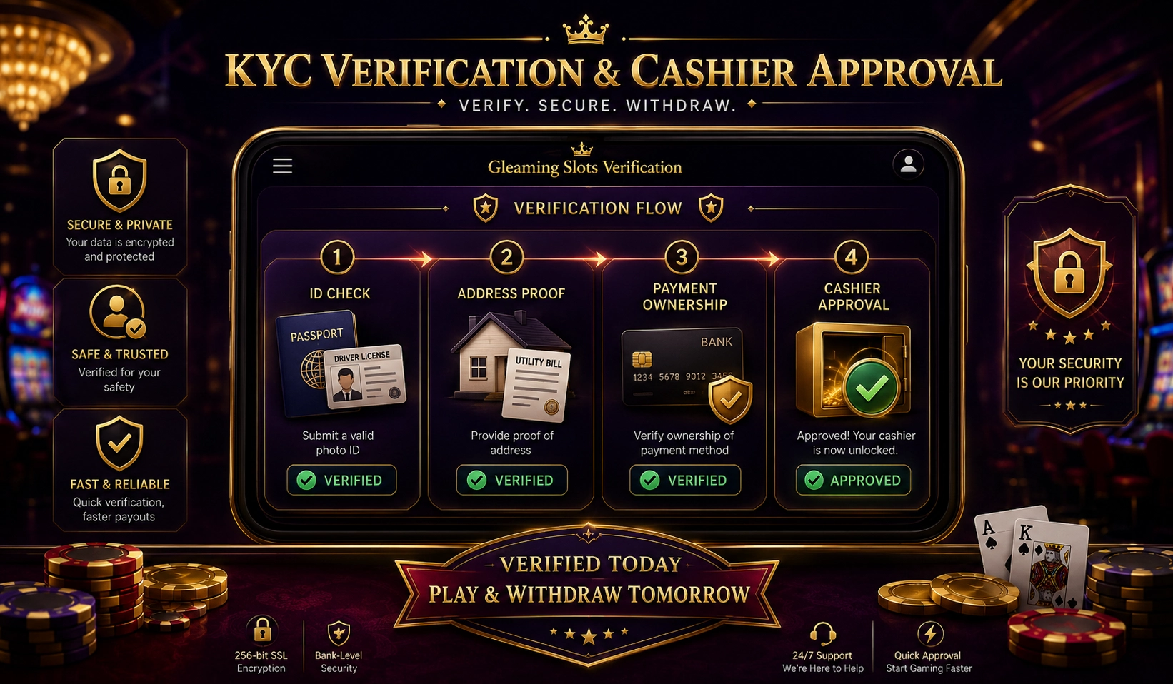 Gleaming Slots KYC verification and cashier payment overview
